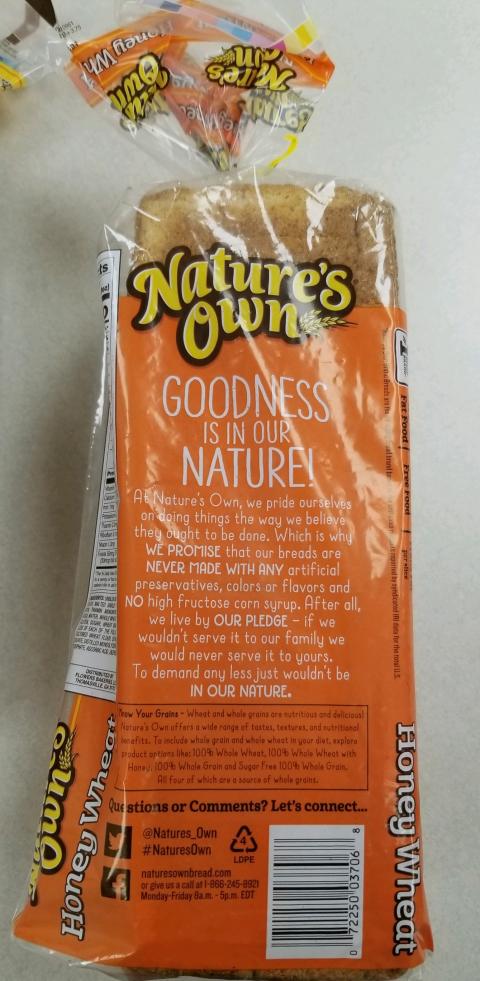 Image -  Nature’s Own Honey Wheat Bread, Single Loaf, Back Label