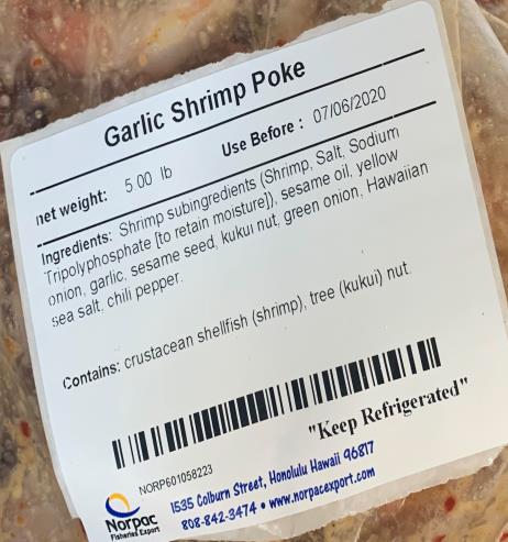 Garlic Shrimp Poke packaged, Net wt. 5 lb Use by date 07-06-2020 - Closer view