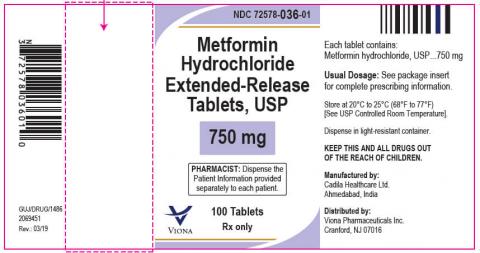 Image - Metformin Hydrochloride Extended-Release Tablets, USP,  750 mg, 100 Tablets, Rx Only, VIONA