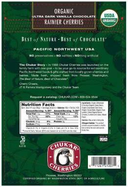 Organic Ultra Dark Vanilla Chocolate Rainier Cherries, Back Label, Net Wt. 7.5 oz
