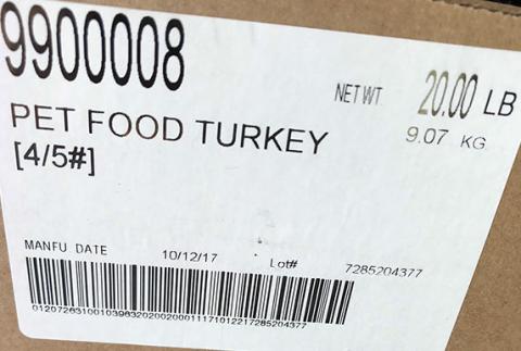 Outer box label PET FOOD TURKEY, NET WT 20 LB.jpg