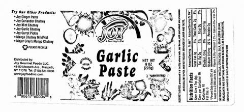 Product label, Joy brand Garlic Paste Net Wt 8 oz (228g)
