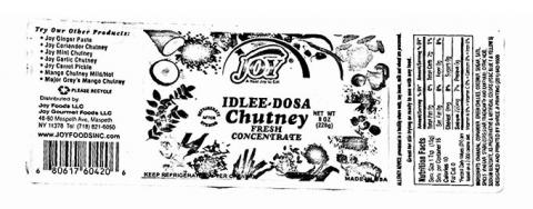Product label, Joy brand Idlee-Dosa Chutney Fresh Concentrate Net Wt 8 oz (228g)