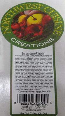 Product label, Northwest Cuisine Creations, Turkey-Bacon-Cheddar