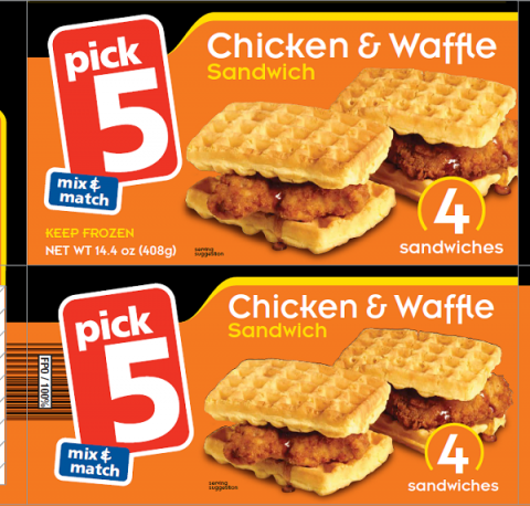 Product label, Pick 5 mix & match Chicken & Waffle Sandwich, NET WT 14.4 oz