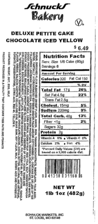 Product label, Schnucks Bakery Deluxe Petite Cake, Chocolate Iced Yellow