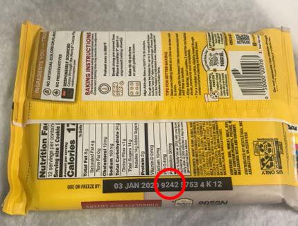 Image of Ready-to-Bake refrigerated cookie dough bars showing location of batch code Impacted batch codes: 9189 through 9295