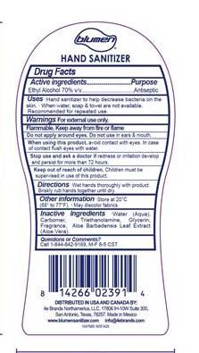 10.	“Blumen Clear Advanced Hand Sanitizer, 2 oz back label”