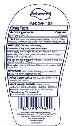 “Blumen Clear Advanced Hand Sanitizer, 7.5 oz back label”