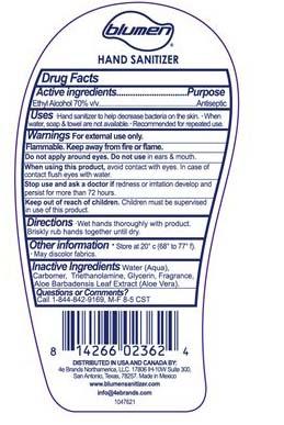 “Blumen Advanced Hand Sanitizer, 7.5 oz back label”