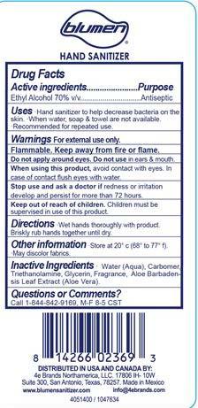 “Blumen Advanced Hand Sanitizer, 33.8 oz back label”