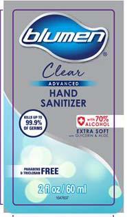 “Blumen Advanced Hand Sanitizer Clear, 33.8 oz front label”