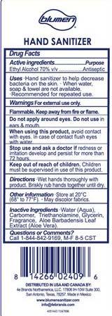 “Blumen Clear Advanced Hand Sanitizer, 18 oz back label”