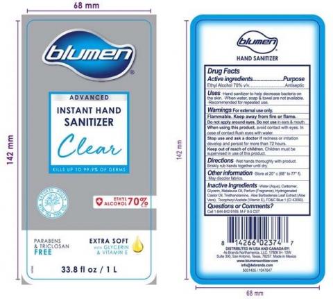 Product label, BLUMEN CLEAR ADVANCED CLEAR TEA TREE HAND SANITIZER 33.8 FL OZ