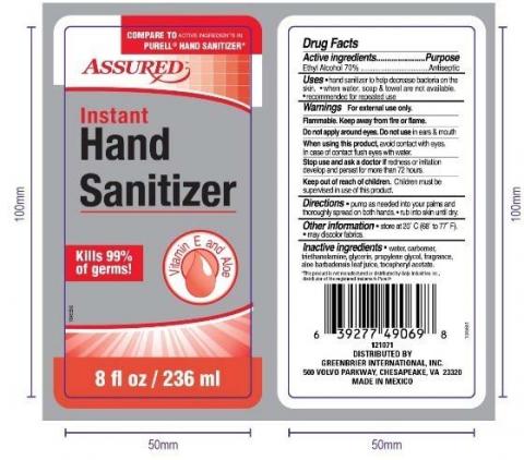 Product label front and back, ASSURED CLEAR HAND SANITIZER 8 FL OZ/ 236 ML