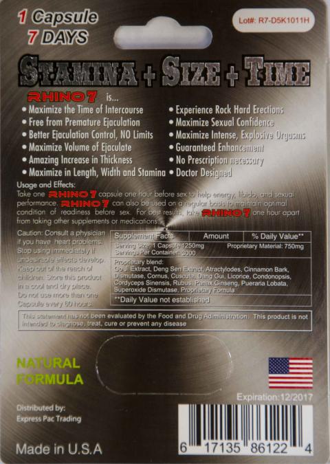 Image 1 - Rhino 7, Back of package with Supplement Facts