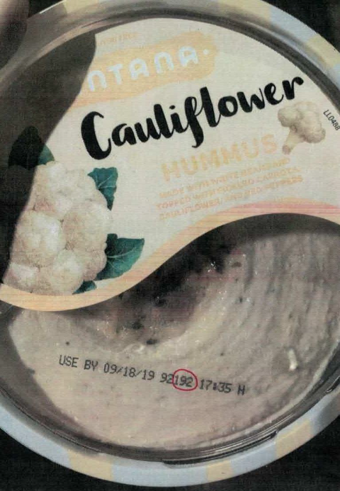 Top of package, Lantana Cauliflower Hummus, example lot code.
