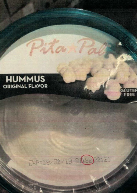 Top of package, Pita Pal Hummus, example lot code