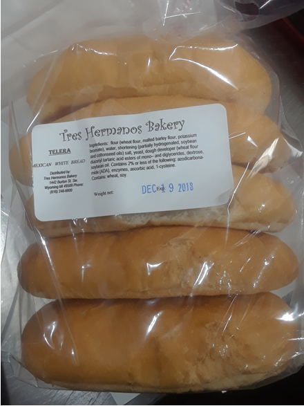 Tres Hermanos Bakery Bread, Exp date Dec 19, 2018