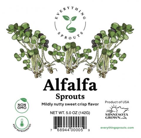 Image of label, Everything Sprouts Alfalfa Sprouts NET WT 5.0 OZ, UPC 768944000059