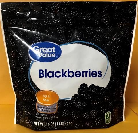Front Package:  Great Value Blackberries, Net Wt. 16 oz.