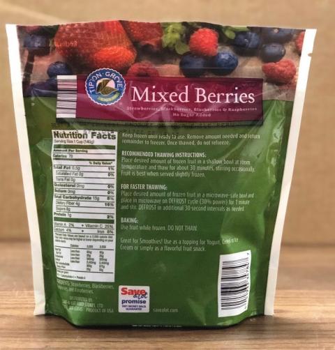 Back Package:  Tipton Grove Mixed Berries, Nutrition Facts Panel