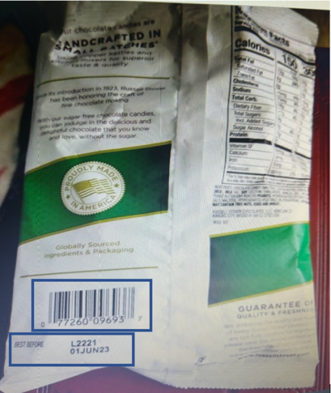 Back of product package, showing bar code and BEST BEFORE in lower left corner