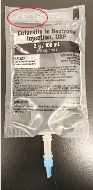 Cefazolin in Dextrose Injection USP IV bag with a red circle highlighting the lot number and expiration date