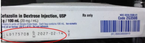 Cefazolin in Dextrose Injection USP box with a red circle highlighting the lot number and expiration date on the side label.