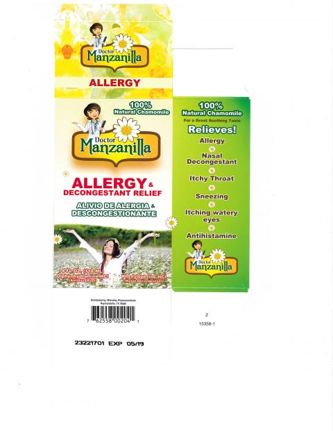 "Doctor Manzanilla Allergy & Decongestant Relief, 4 FL OZ. (118 ml), UPC 7 62558 00204 1"