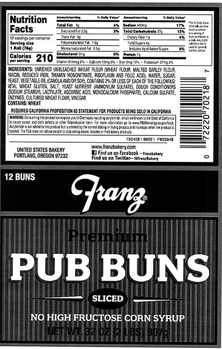  Product labeling front and back Franz Premium Pub Buns, sliced