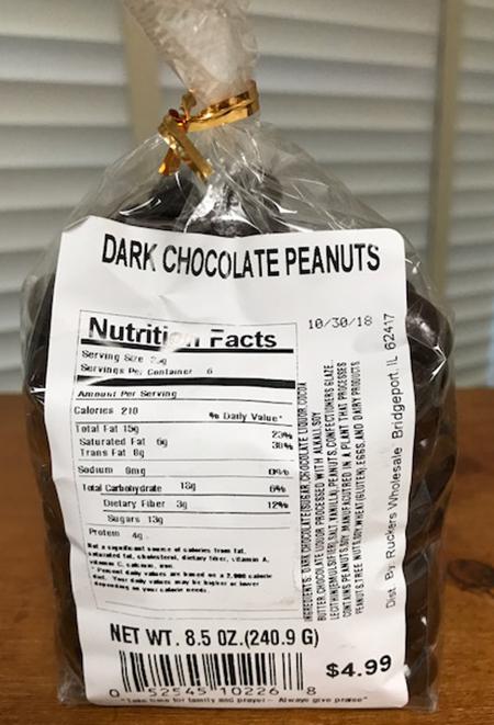 Package Back – Uncle Bucks DARK CHOCOLATE PEANUTS Nutrition Facts Label