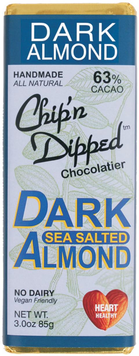 Product front label, Chip’n Dipped 63% Cacao Dark Sea Salted Almond 3.0oz