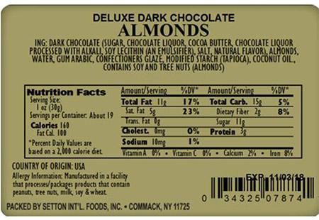 Back Label – Setton Farms Deluxe Dark Chocolate Almonds 20 oz.
