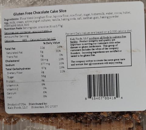 “Gluten Free Chocolate Cake slice, ingredients, back label”