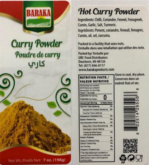Baraka Curry Powder, Hot Curry Powder, 7 oz., UPC 822514265566