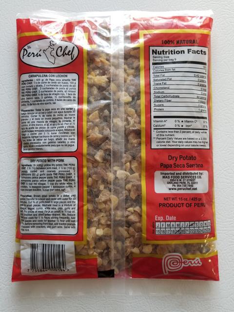 Package Back:  The Peru Chef, Nutrition Facts Panel