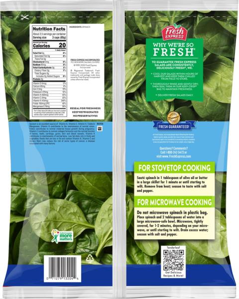 Labeling, Fresh Express Spinach (Back)