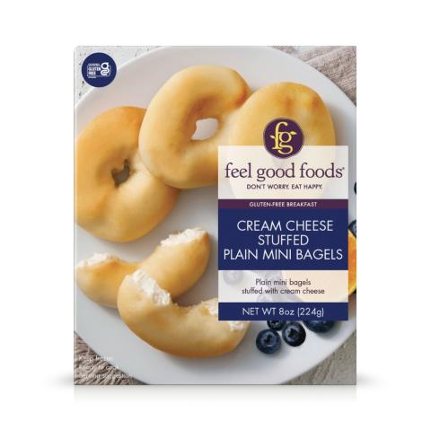 4.    “New Look! Feel Good Foods, Gluten-Free Breakfast Cream Cheese Stuffed Mini Bagels, Everything seasoned mini bagels”