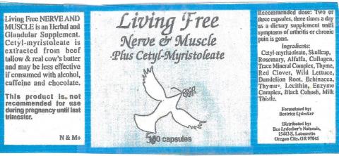 Living Free Nerve & Muscle Plus Cetyl-Myristoleate, 500 capsules per bottle.