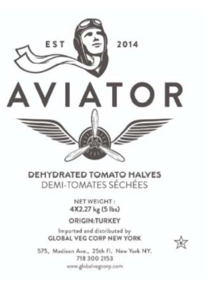 Aviator Dehydrated Tomato Halves Net Weight 4X2.27 kg (5 lbs) label