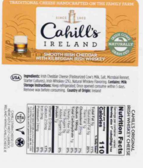 Product label, Cahill’s Ireland Smooth Irish Cheddar with Kilbeggan Irish Whiskey
