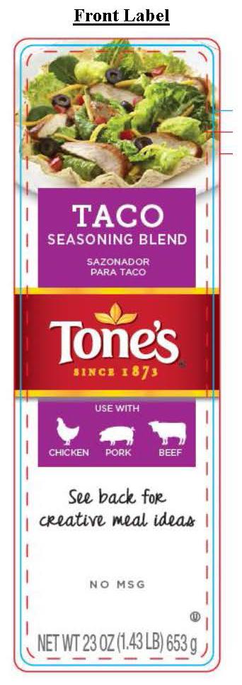 Front label Tone’s Taco Seasoning Blend NET WT 23 OZ (1.43 LB) 653 g