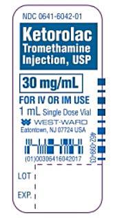 1st label: “Ketorolac Tromethamine Injection, USP 30mg/mL, 1 mL vial label”