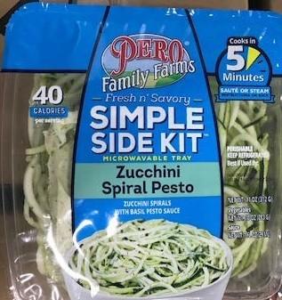 “Front label, Pero Family Farms Zucchini Spiral Pesto side Dish Kit”