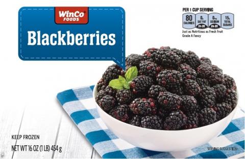 Front label, WinCo Foods Frozen Blackberries, 16 oz.