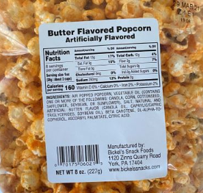 Product image of labeling Nutrition Facts, Ingredients, UPC, Butter Flavored Popcorn		