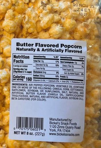 “Butter Flavored Popcorn, Net Wt. 8oz; UPC code 70175 06021; Sample of incorrect label”