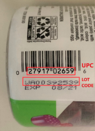 Photo – Showing location of UPC and Lot Code