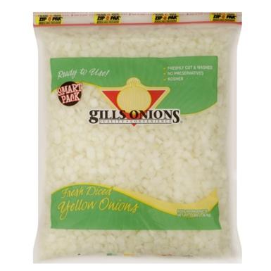 Image 1:”Front label, Gills Onions brand Fresh Diced Yellow Onions, 3 lb bag”